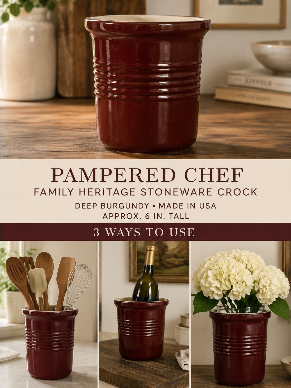 Pampered Chef Family Heritage Burgundy Stoneware Crock